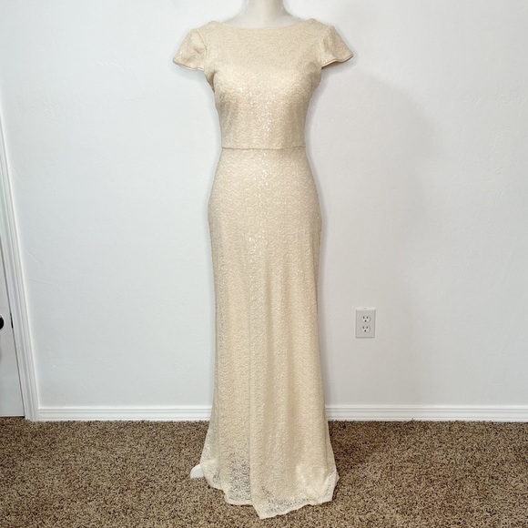 Bill Levkoff Ivory Sequined Evening Formal Maxi Dress Gown Size 2 scoop Back - Picture 3 of 12